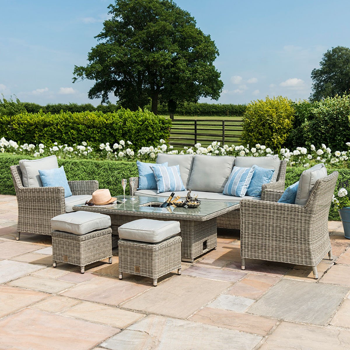 Maze - Oxford Sofa Rattan Dining Set with Ice Bucket & Rising Table - Blythe Living