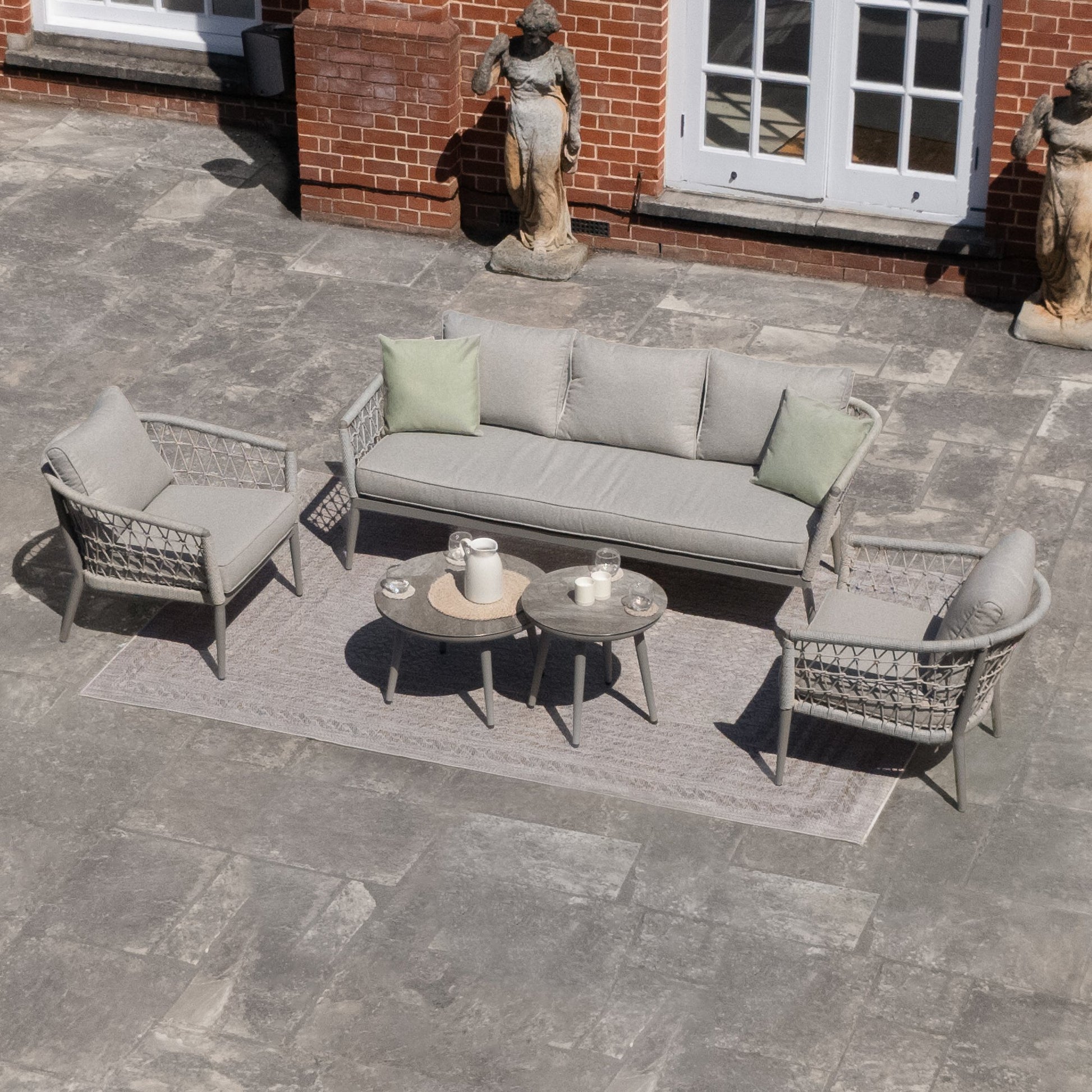 Maze - Monaco Rope Weave 3 Seat Sofa Set with Pair of Round Coffee Tables - Cool Linen - Blythe Living