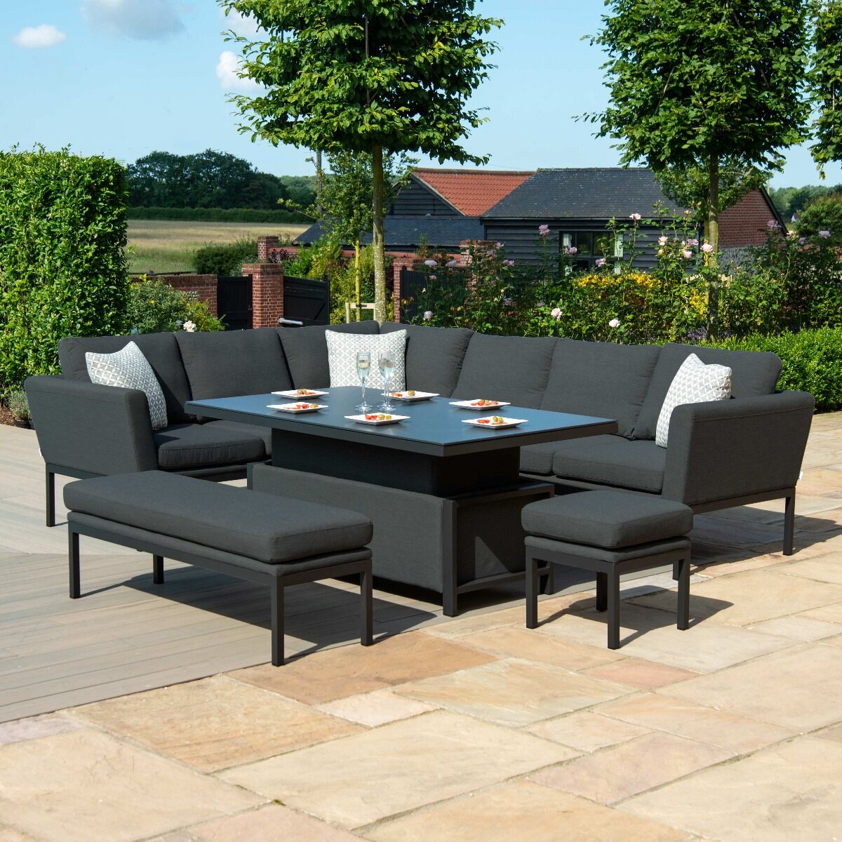 Maze - Outdoor Fabric Pulse Rectangular Corner Dining Set with Rising Table - Charcoal - Blythe Living