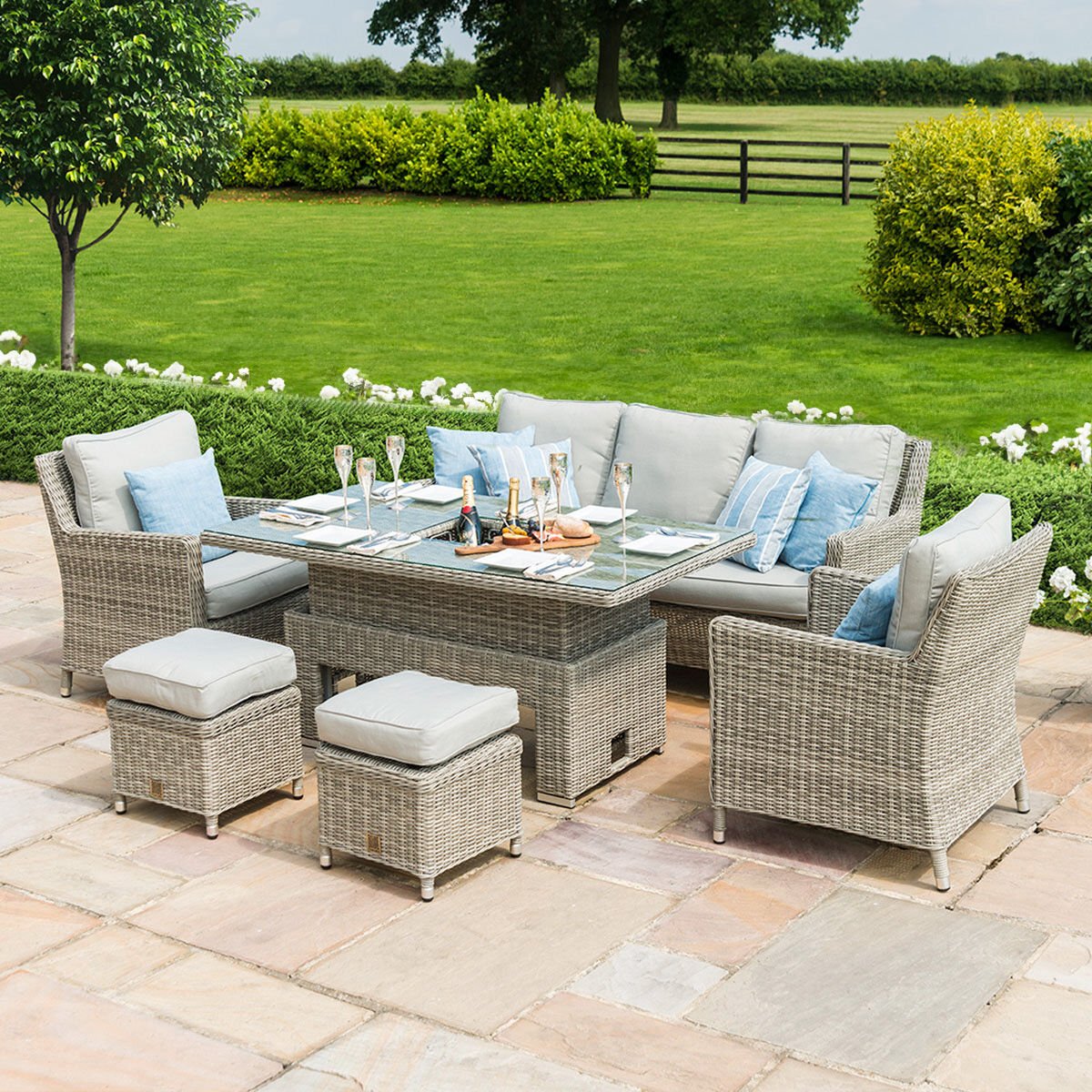 Maze - Oxford Sofa Rattan Dining Set with Ice Bucket & Rising Table - Blythe Living