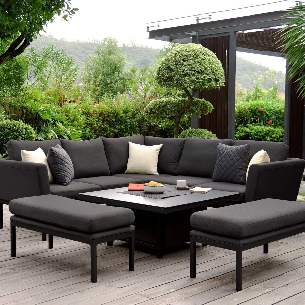 Maze - Outdoor Fabric Pulse Square Corner Dining Set with Rising Table - Charcoal - Blythe Living