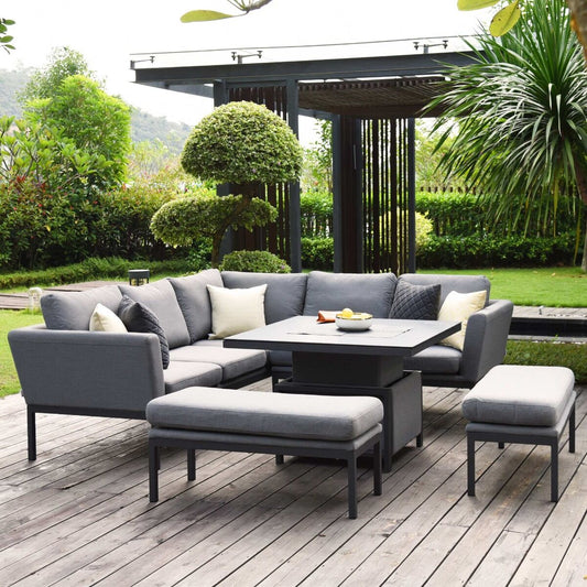 Maze - Outdoor Fabric Pulse Square Corner Dining Set with Rising Table - Flanelle - Blythe Living
