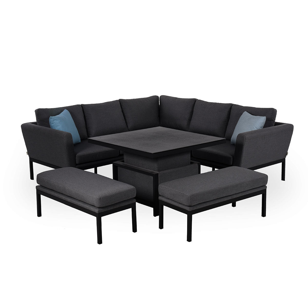 Maze - Outdoor Fabric Pulse Square Corner Dining Set with Rising Table - Charcoal - Blythe Living