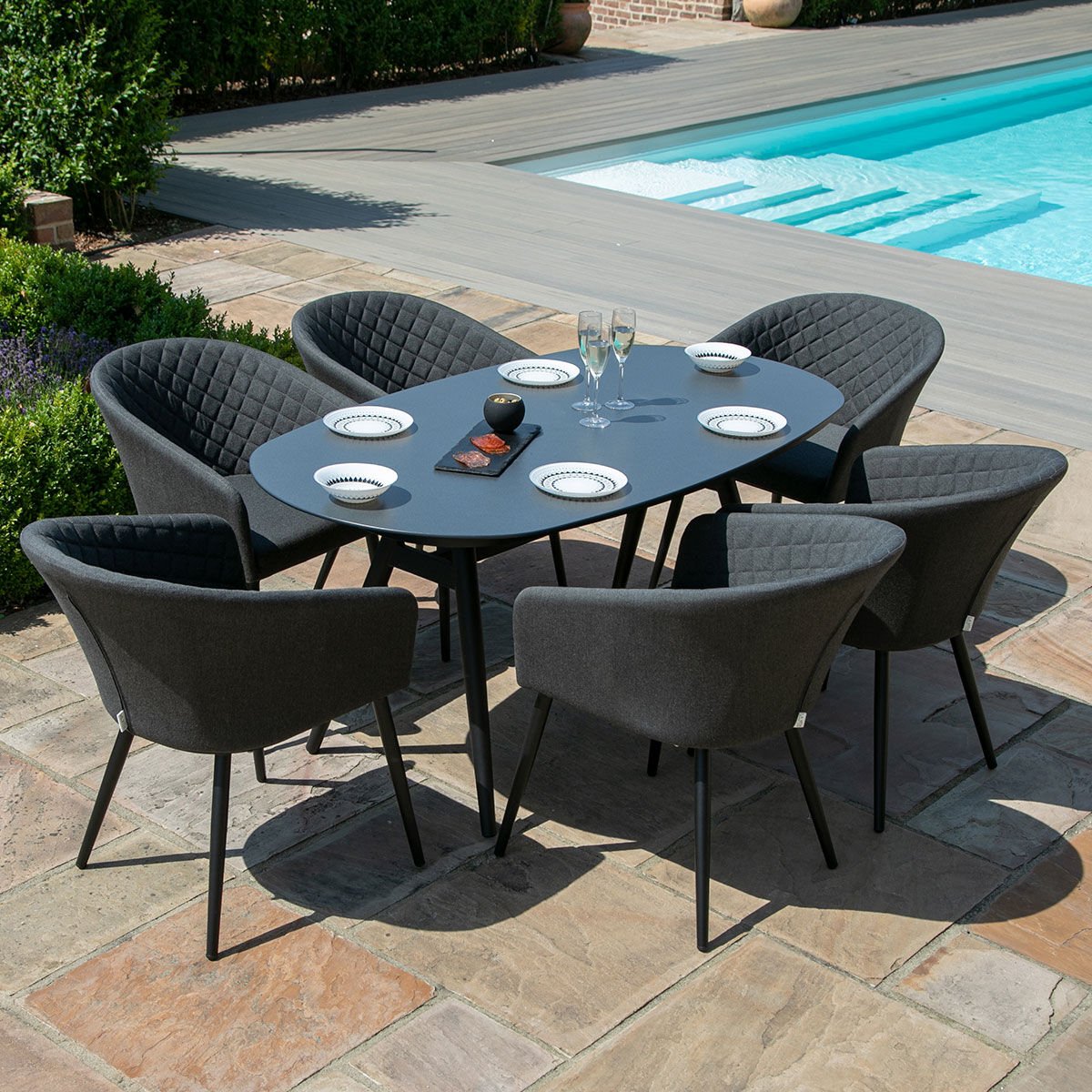 Maze - Outdoor Fabric Ambition 6 Seat Oval Dining Set - Charcoal - Blythe Living