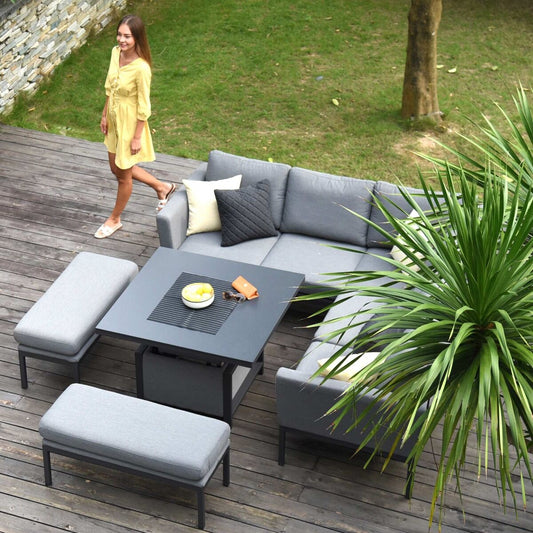 Maze - Outdoor Fabric Pulse Square Corner Dining Set with Rising Table - Flanelle - Blythe Living