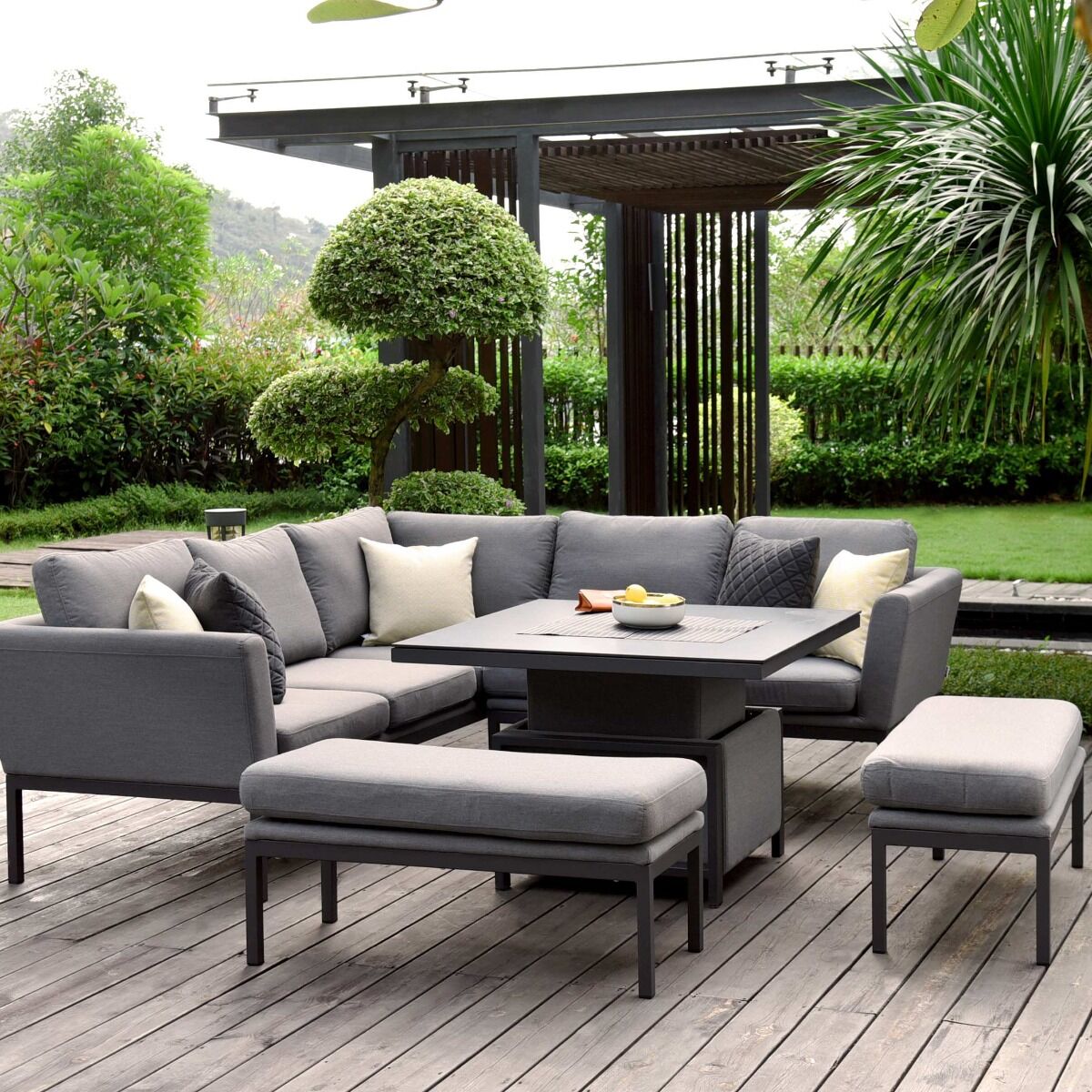 Maze - Outdoor Fabric Pulse Square Corner Dining Set with Rising Table - Flanelle - Blythe Living