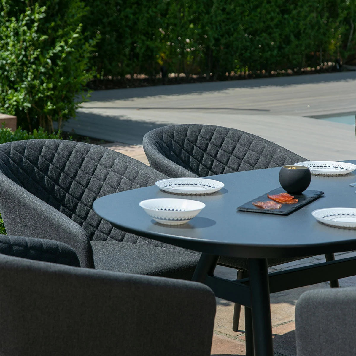 Maze - Outdoor Fabric Ambition 6 Seat Oval Dining Set - Charcoal - Blythe Living