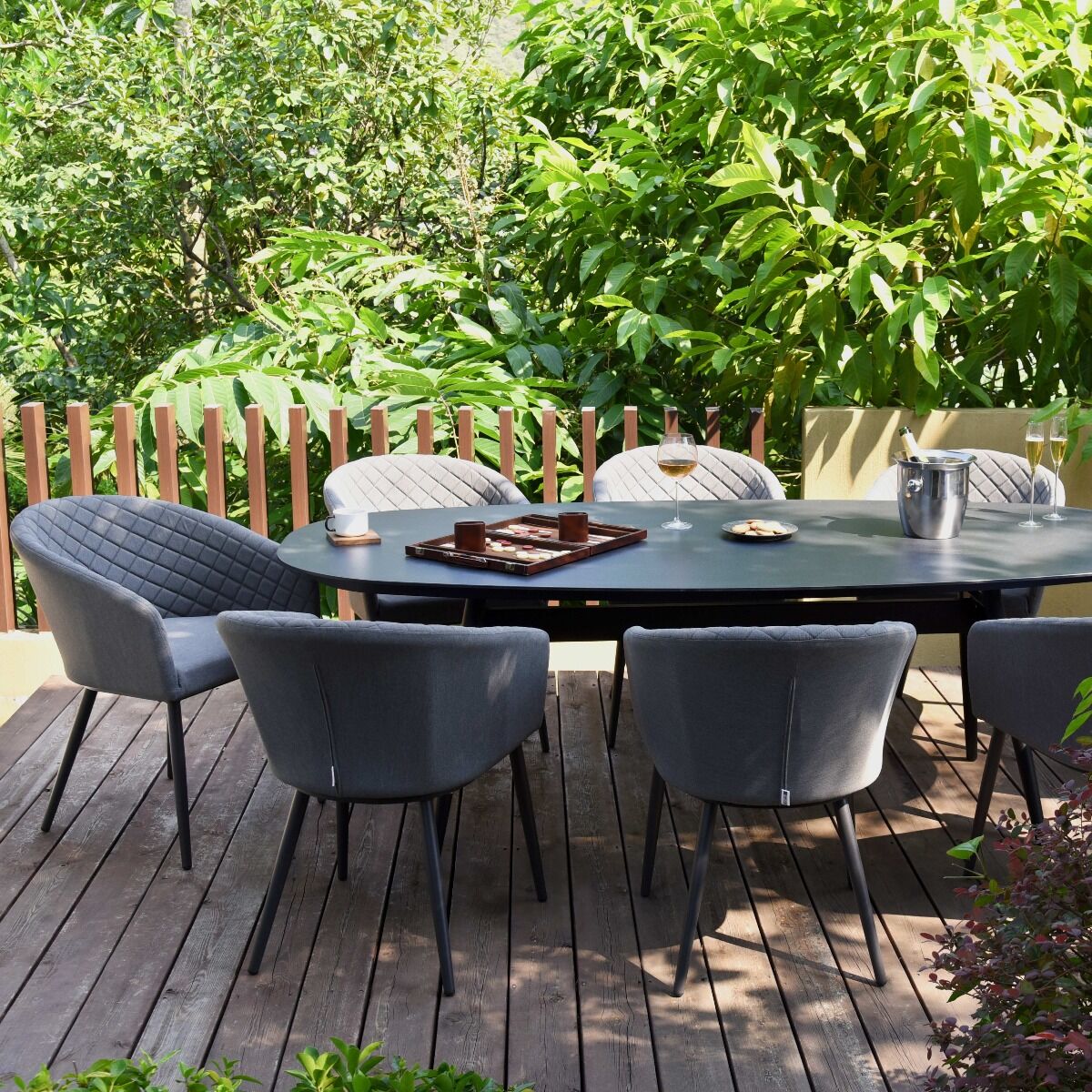 Maze - Outdoor Fabric Ambition 8 Seat Oval Dining Set - Flanelle - Blythe Living