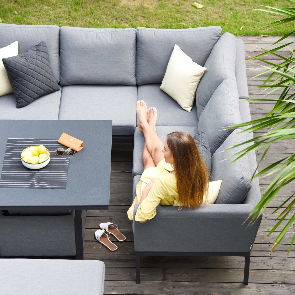 Maze - Outdoor Fabric Pulse Square Corner Dining Set with Rising Table - Flanelle - Blythe Living