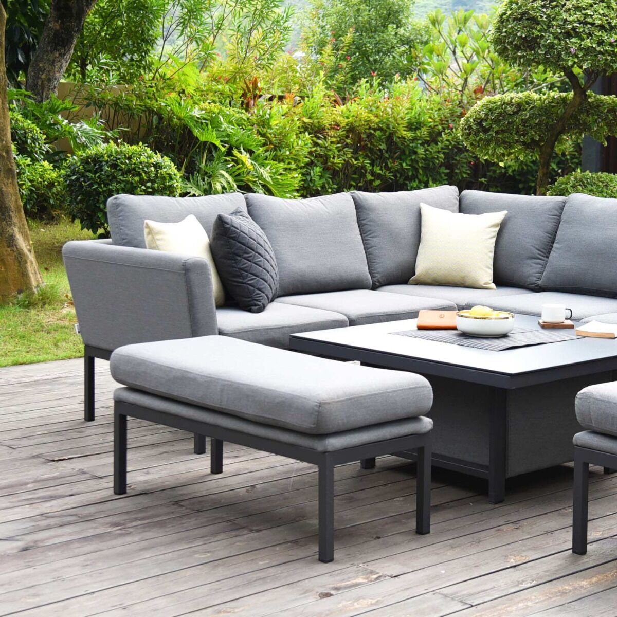 Maze - Outdoor Fabric Pulse Square Corner Dining Set with Rising Table - Flanelle - Blythe Living