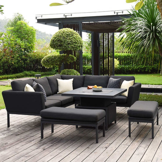 Maze - Outdoor Fabric Pulse Square Corner Dining Set with Rising Table - Charcoal - Blythe Living