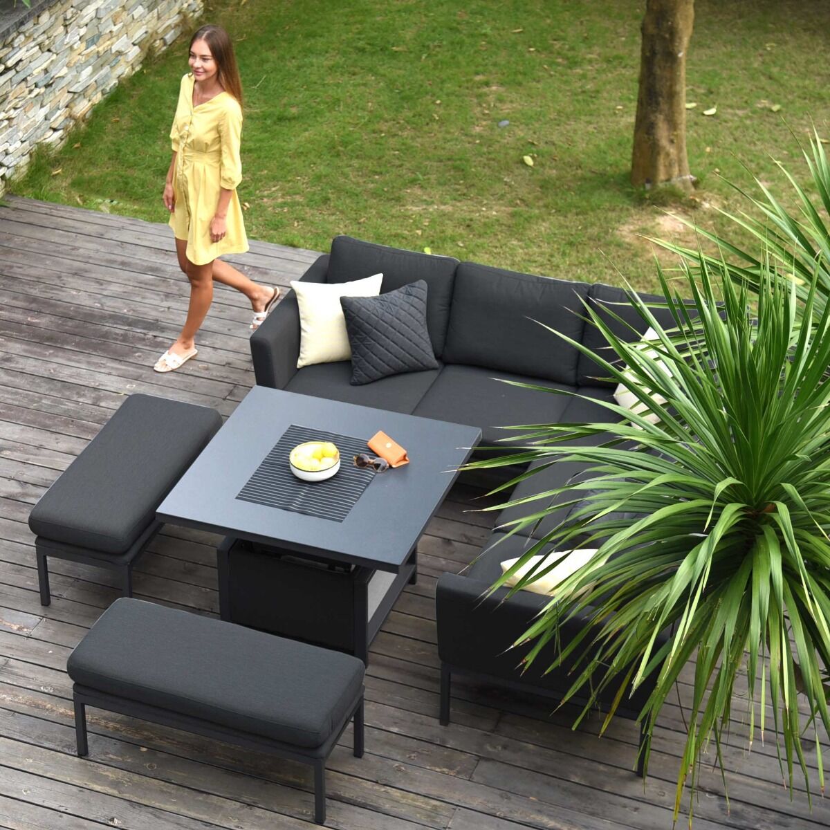 Maze - Outdoor Fabric Pulse Square Corner Dining Set with Rising Table - Charcoal - Blythe Living