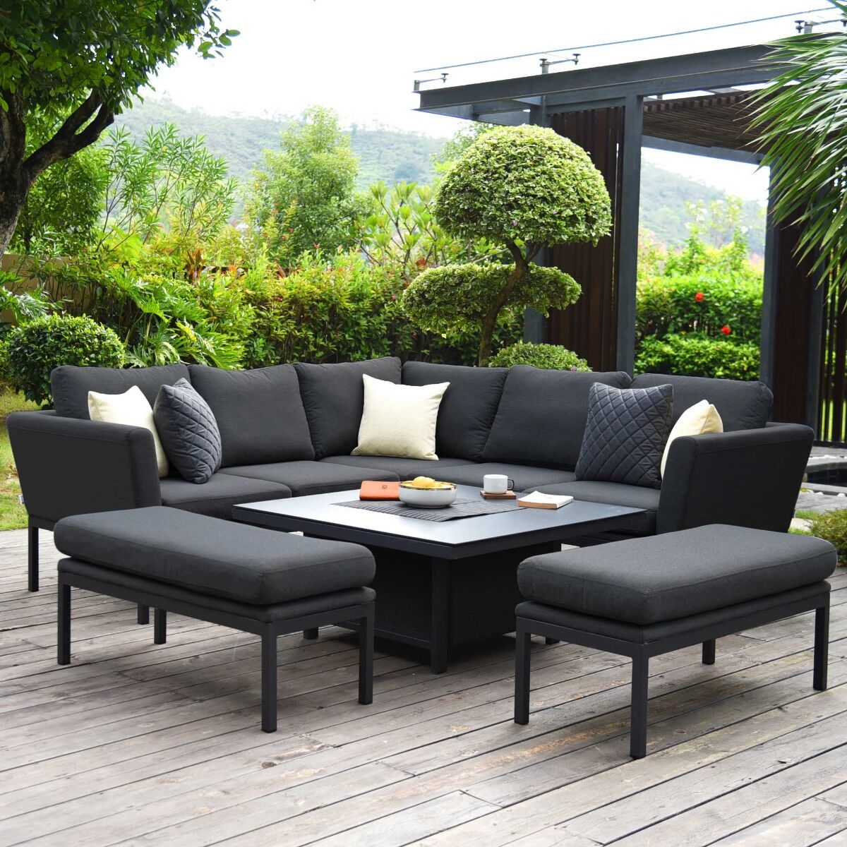 Maze - Outdoor Fabric Pulse Square Corner Dining Set with Rising Table - Charcoal - Blythe Living