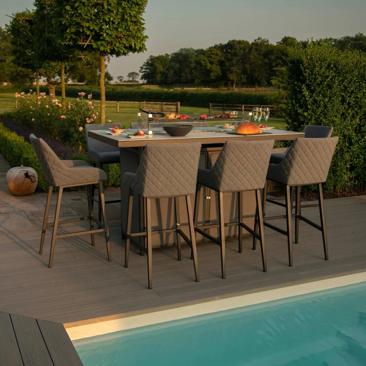 Maze - Outdoor Fabric Regal 8 Seat Rectangular Bar Set with Fire Pit Table - Flanelle - Blythe Living