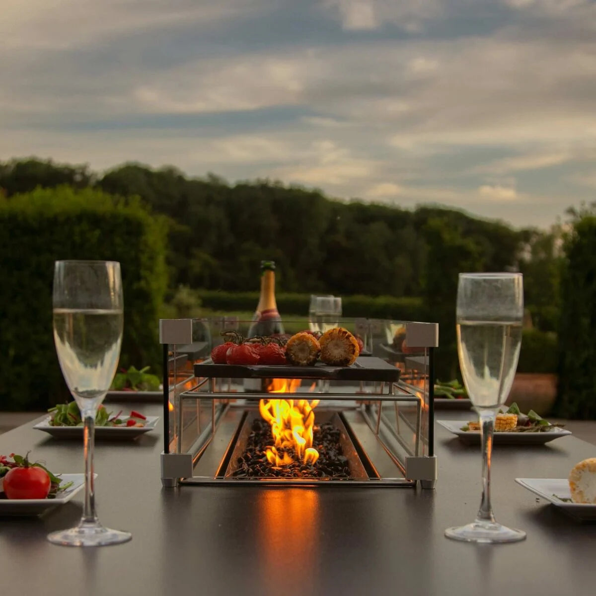 Maze - Outdoor Fabric Ambition 8 Seat Rectangular Dining Set with Fire Pit Table - Flanelle - Blythe Living