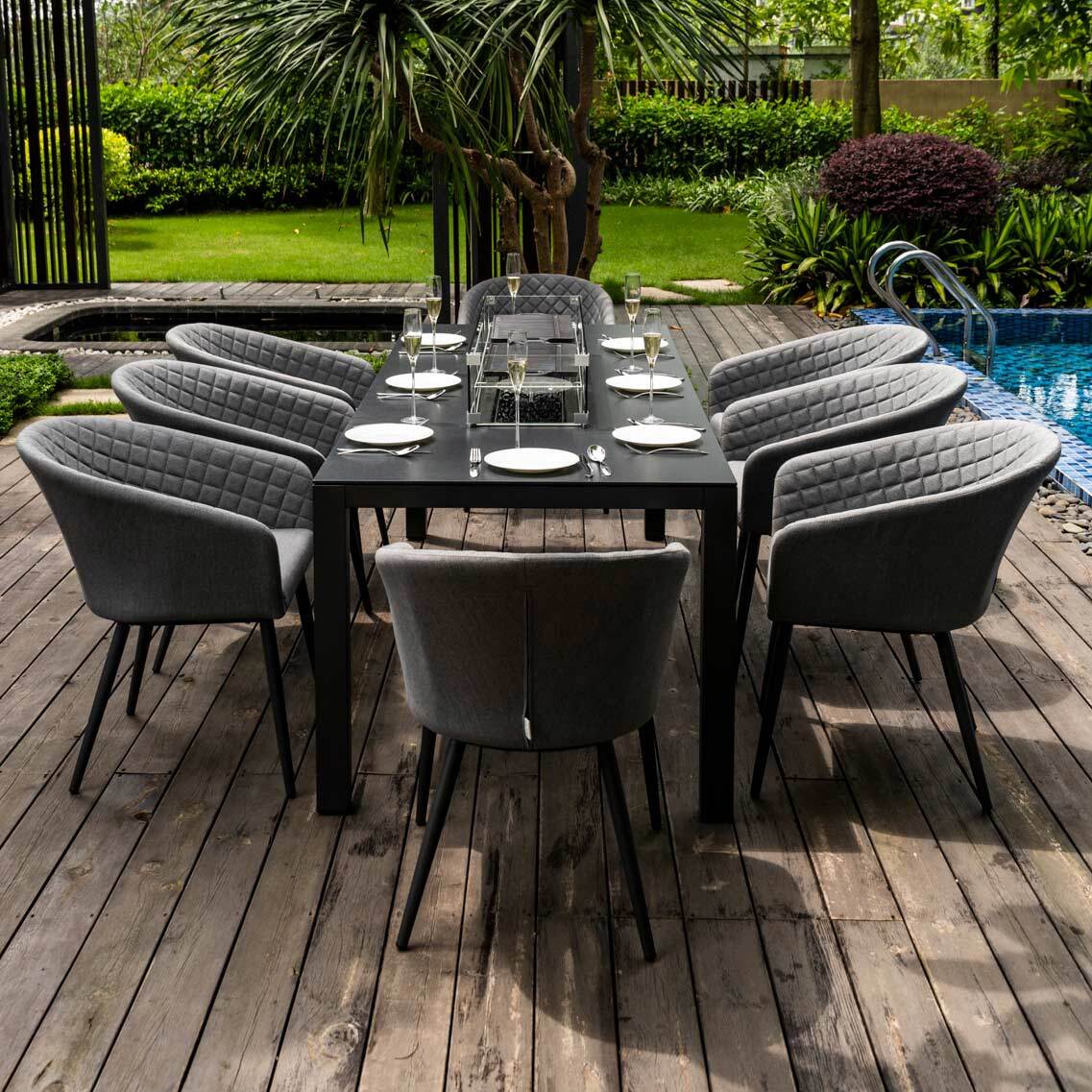 Maze - Outdoor Fabric Ambition 8 Seat Rectangular Dining Set with Fire Pit Table - Flanelle - Blythe Living