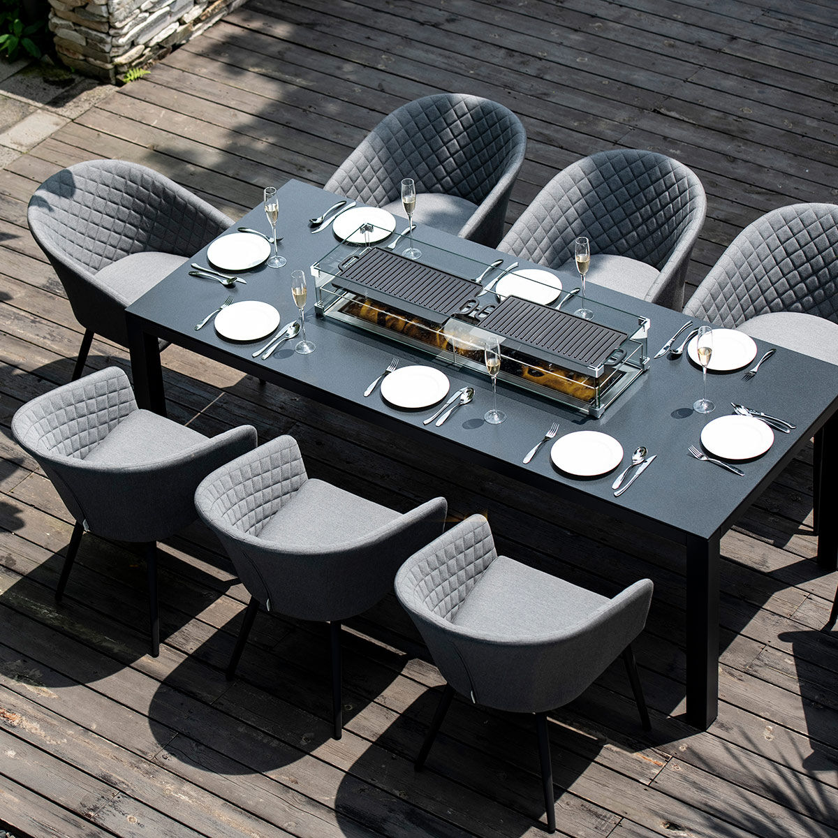 Maze - Outdoor Fabric Ambition 8 Seat Rectangular Dining Set with Fire Pit Table - Flanelle - Blythe Living