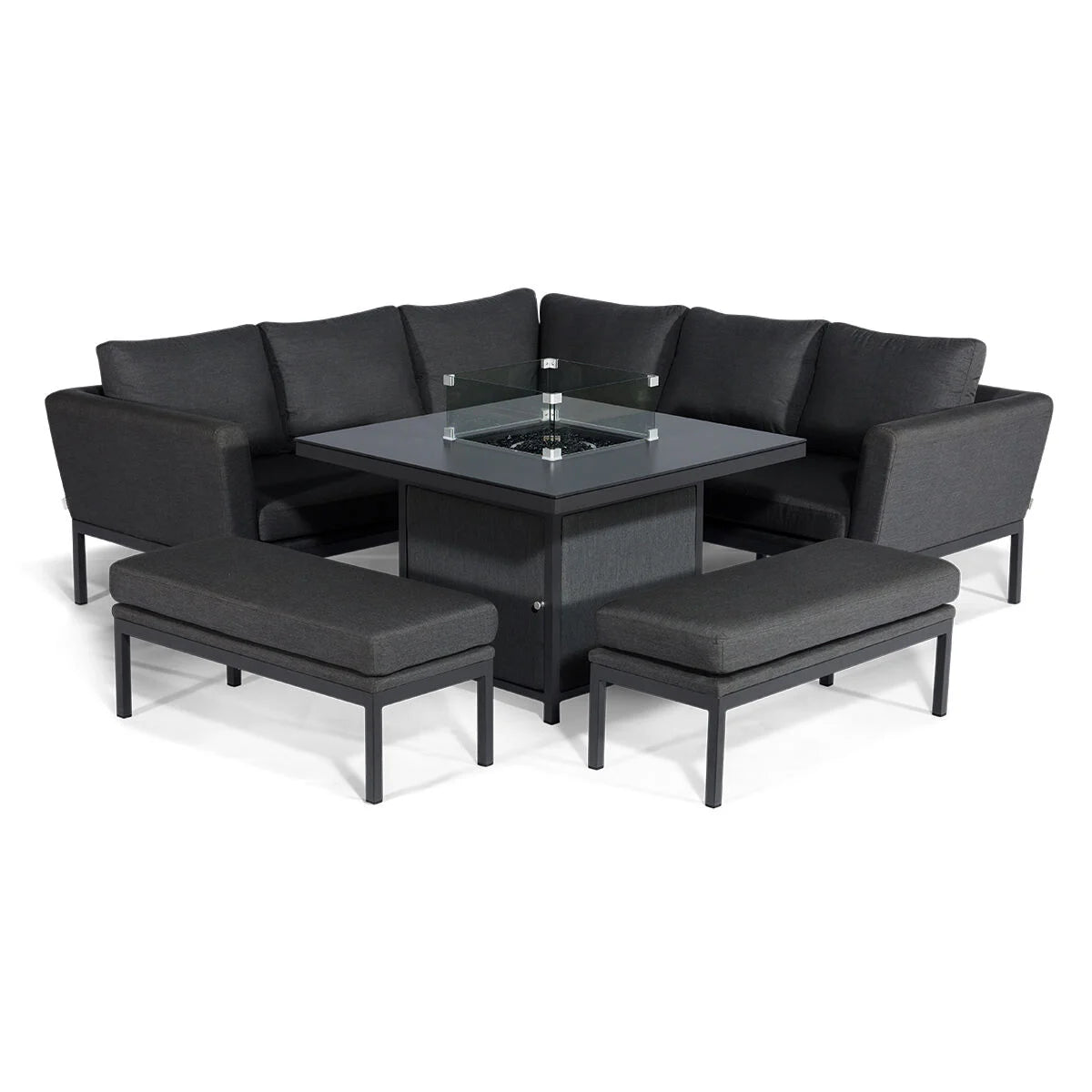 Maze - Outdoor Fabric Pulse Square Corner Dining Set with Fire Pit Table - Charcoal - Blythe Living