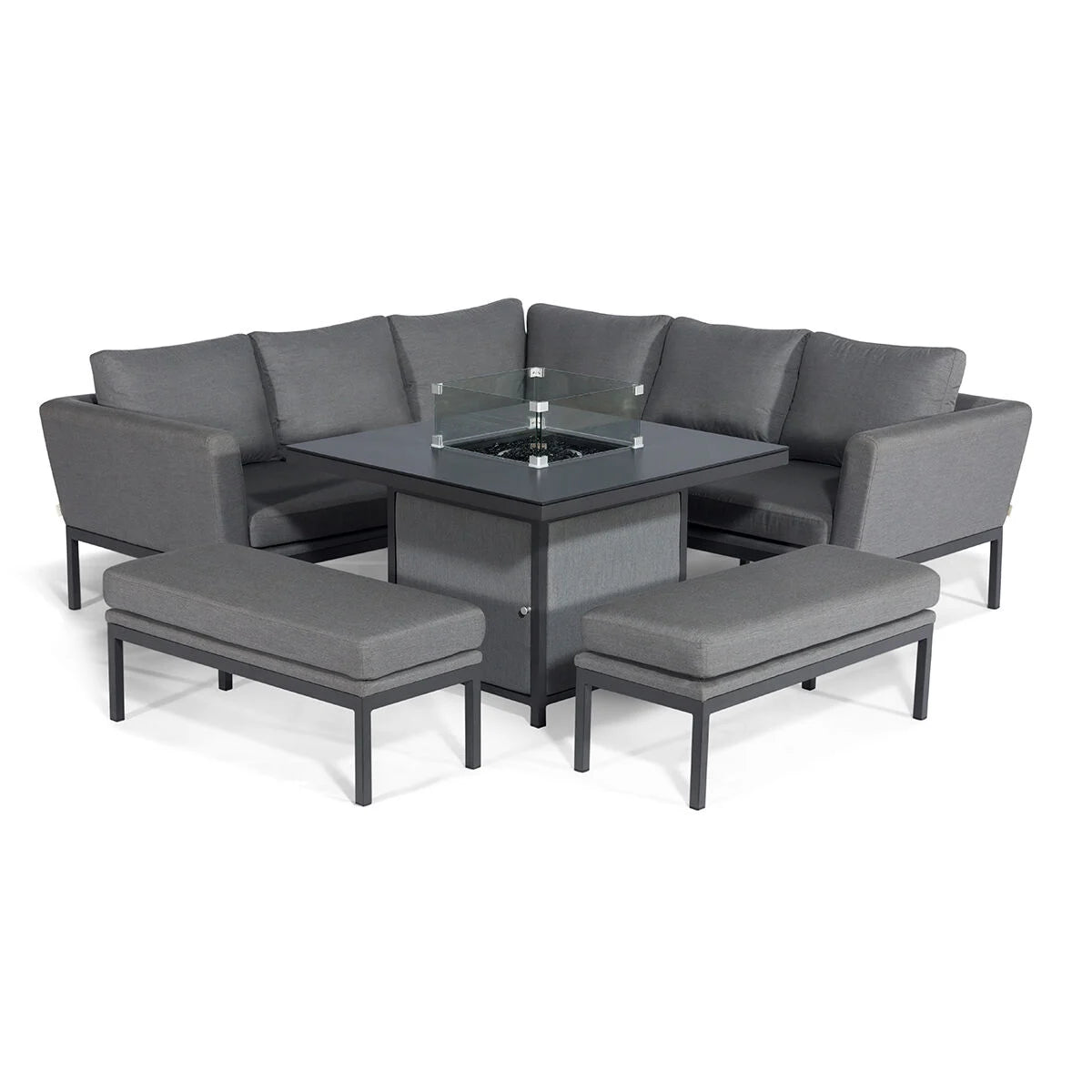 Maze - Outdoor Fabric Pulse Square Corner Dining Set with Fire Pit Table - Flanelle - Blythe Living