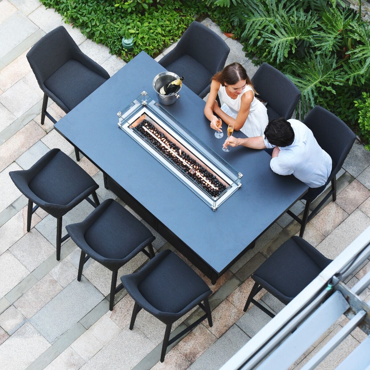 Maze - Outdoor Fabric Regal 8 Seat Rectangular Bar Set with Fire Pit Table - Charcoal - Blythe Living