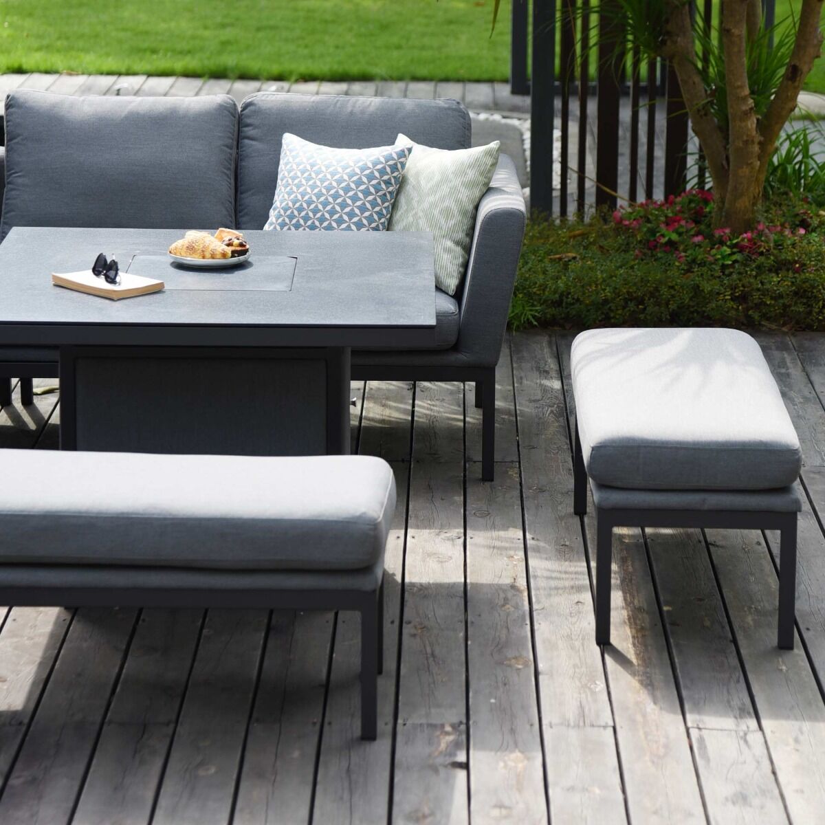 Maze - Outdoor Fabric Pulse Square Corner Dining Set with Fire Pit Table - Flanelle - Blythe Living