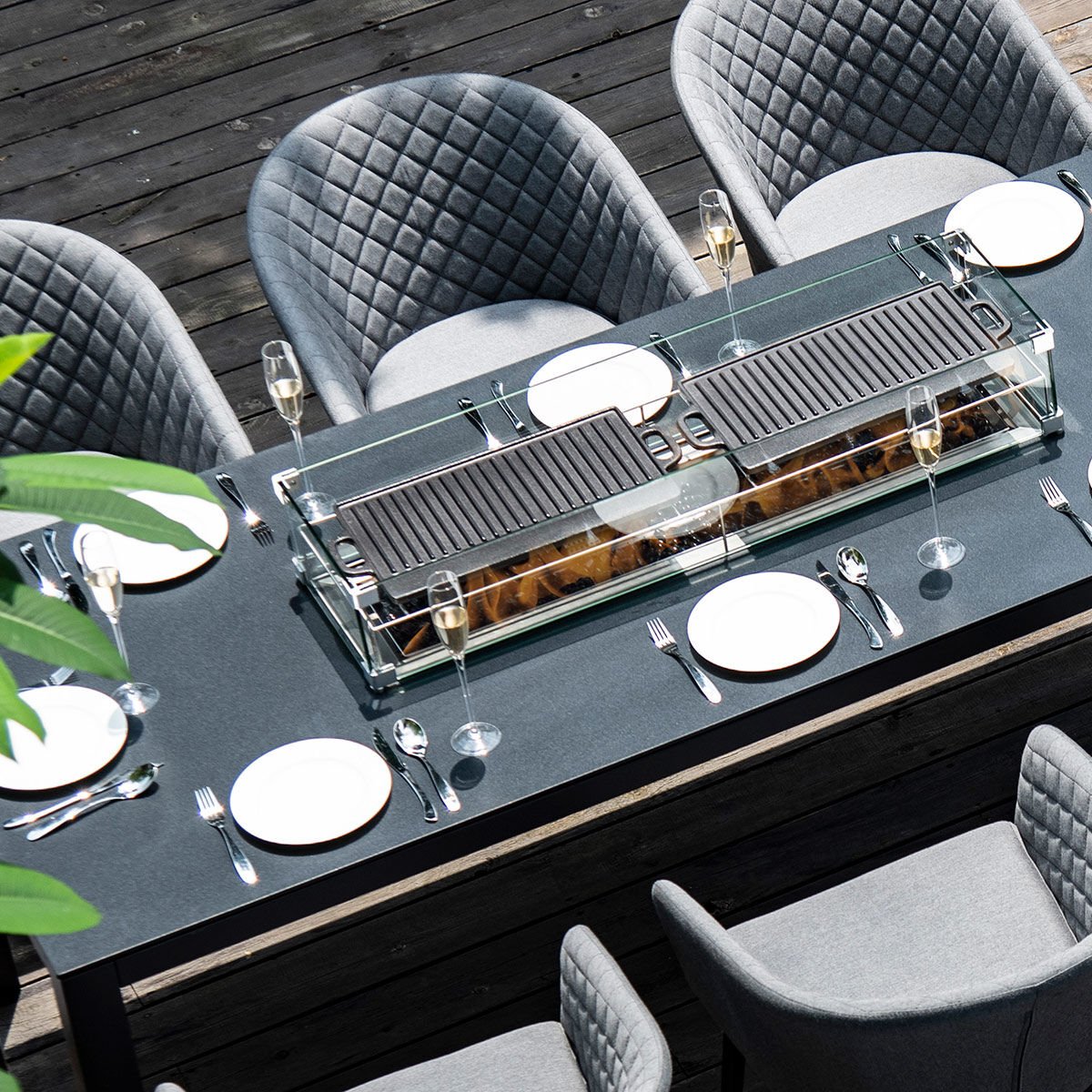 Maze - Outdoor Fabric Ambition 8 Seat Rectangular Dining Set with Fire Pit Table - Flanelle - Blythe Living