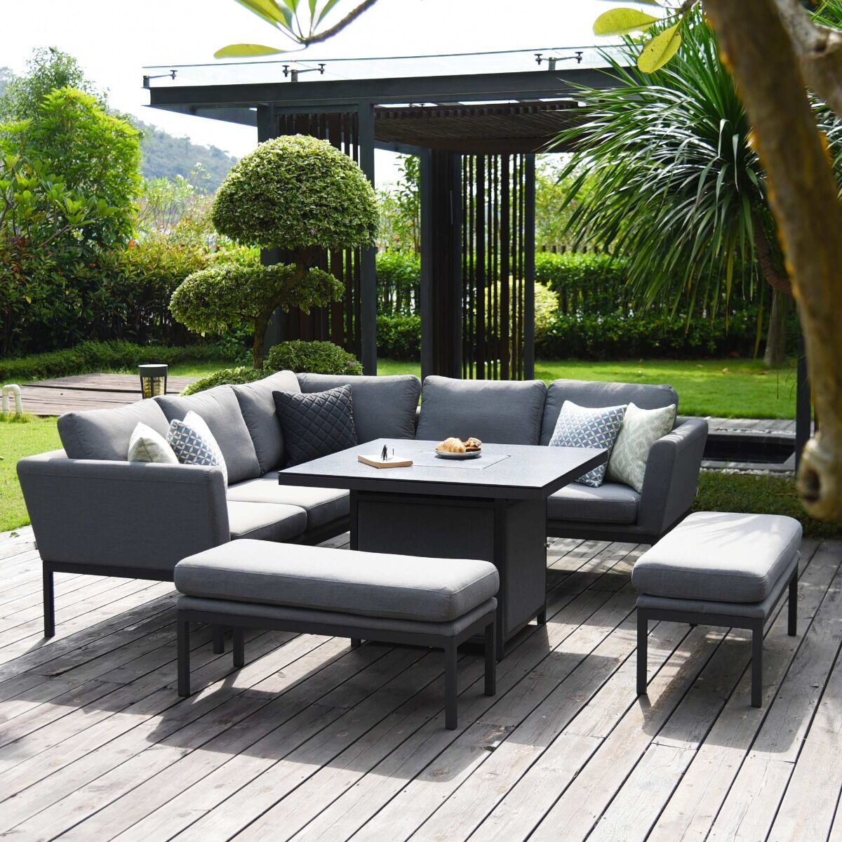 Maze - Outdoor Fabric Pulse Square Corner Dining Set with Fire Pit Table - Flanelle - Blythe Living