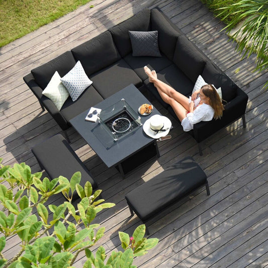 Maze - Outdoor Fabric Pulse Square Corner Dining Set with Fire Pit Table - Charcoal - Blythe Living