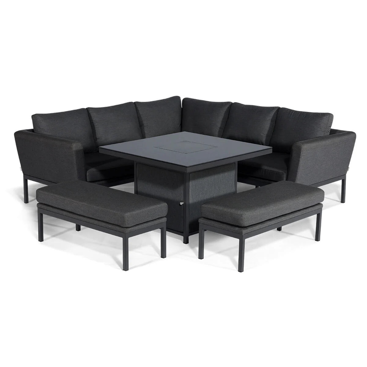 Maze - Outdoor Fabric Pulse Square Corner Dining Set with Fire Pit Table - Charcoal - Blythe Living