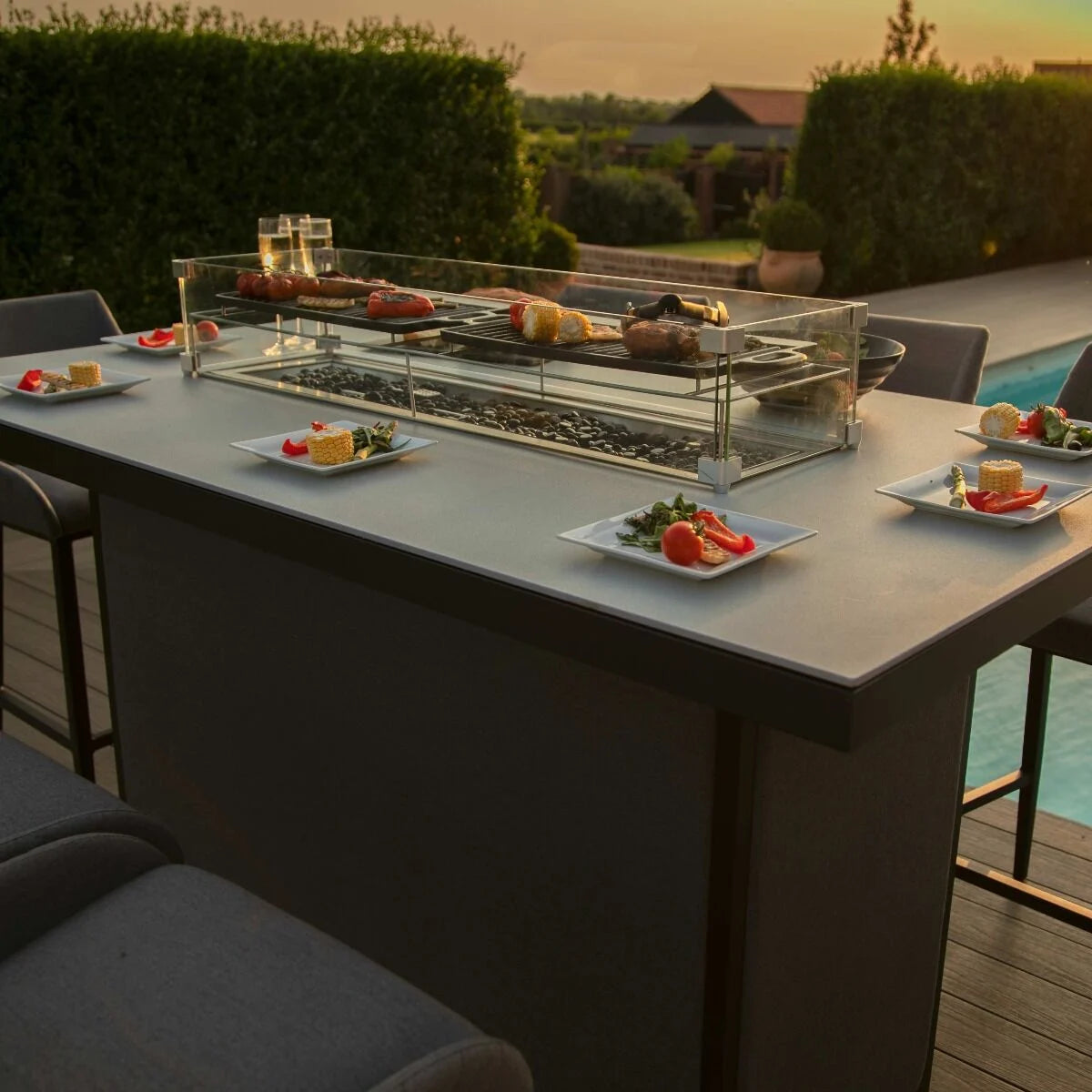 Maze - Outdoor Fabric Regal 8 Seat Rectangular Bar Set with Fire Pit Table - Flanelle - Blythe Living