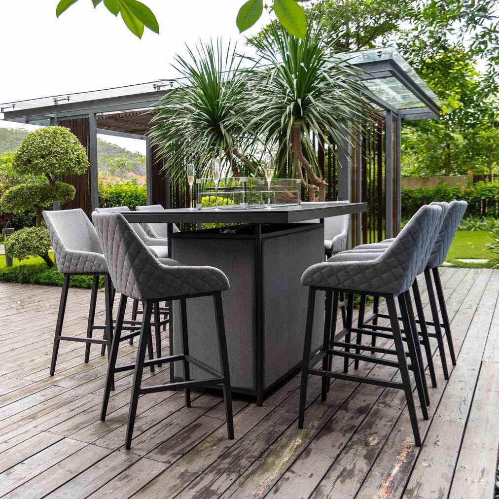 Maze - Outdoor Fabric Regal 8 Seat Rectangular Bar Set with Fire Pit Table - Flanelle - Blythe Living