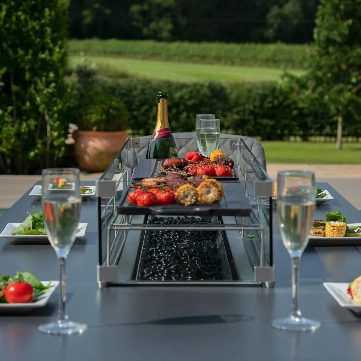 Maze - Outdoor Fabric Ambition 8 Seat Rectangular Dining Set with Fire Pit Table - Flanelle - Blythe Living