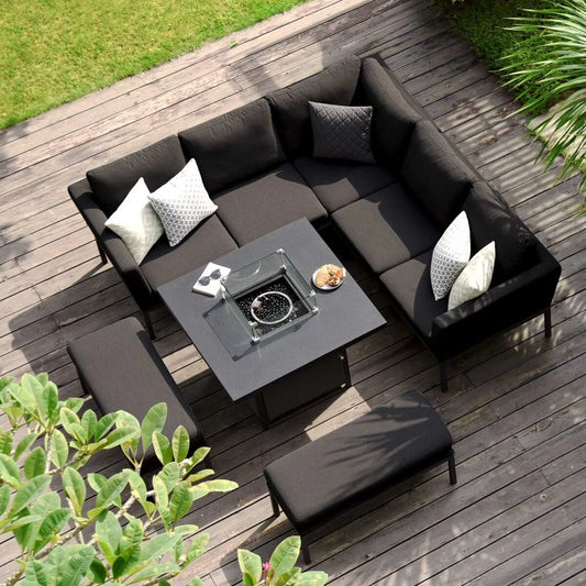 Maze - Outdoor Fabric Pulse Square Corner Dining Set with Fire Pit Table - Charcoal - Blythe Living
