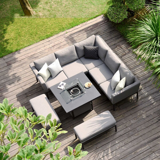 Maze - Outdoor Fabric Pulse Square Corner Dining Set with Fire Pit Table - Flanelle - Blythe Living