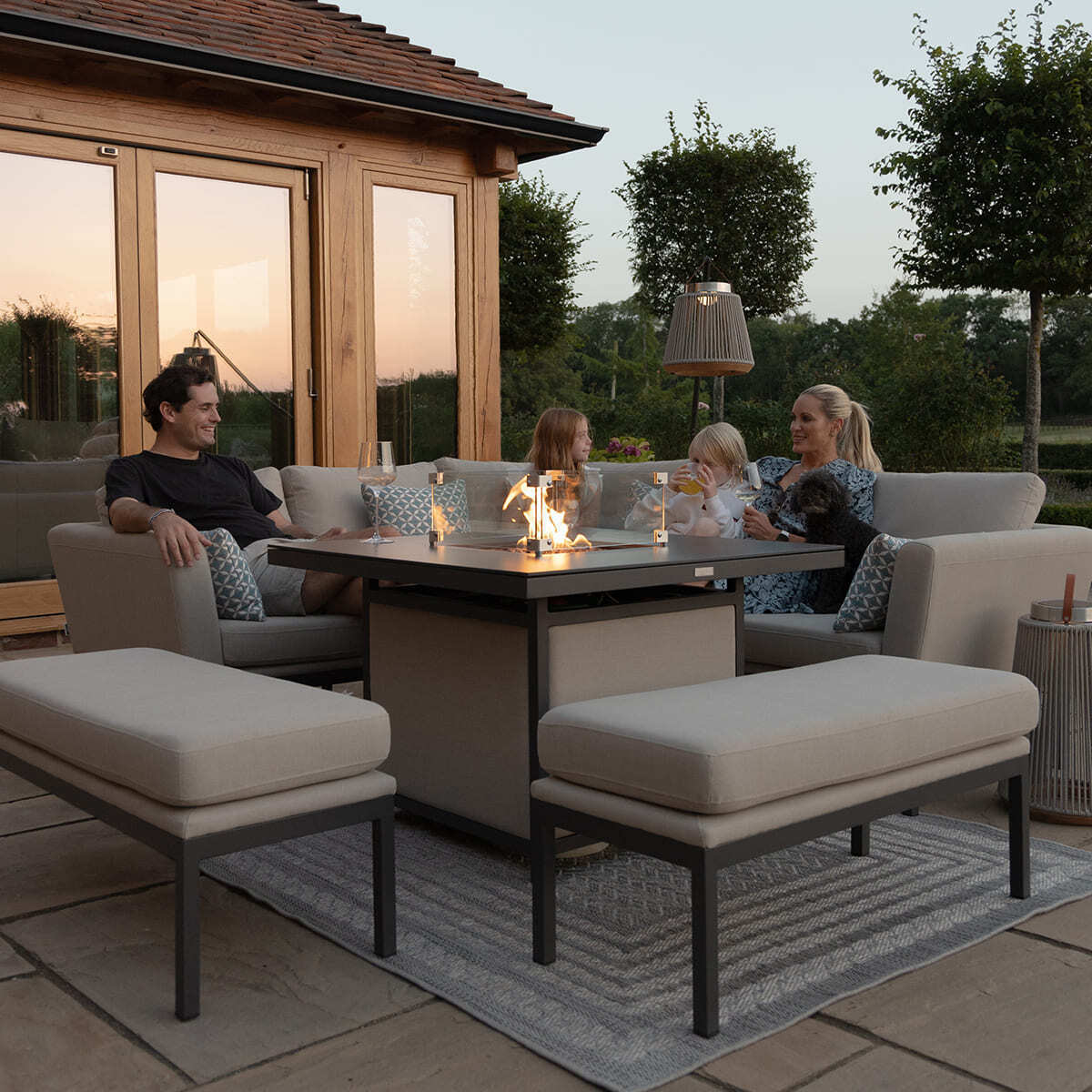 Maze - Outdoor Fabric Pulse Square Corner Dining Set with Fire Pit Table - Oatmeal - Blythe Living