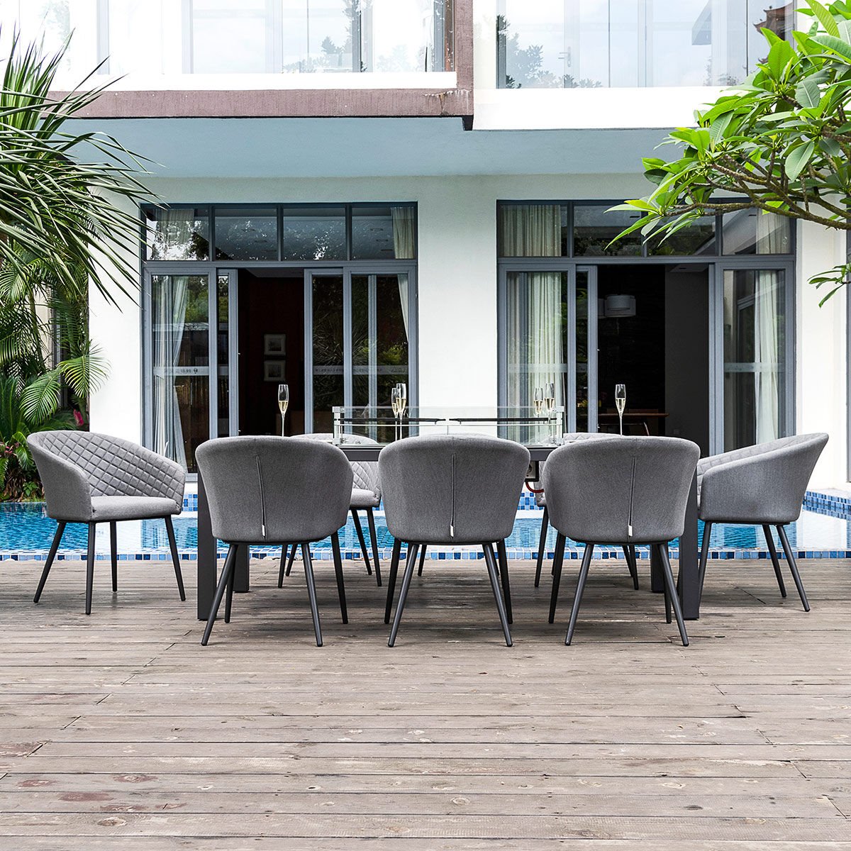 Maze - Outdoor Fabric Ambition 8 Seat Rectangular Dining Set with Fire Pit Table - Flanelle - Blythe Living