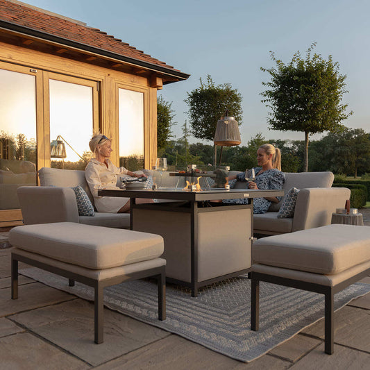 Maze - Outdoor Fabric Pulse Square Corner Dining Set with Fire Pit Table - Oatmeal - Blythe Living