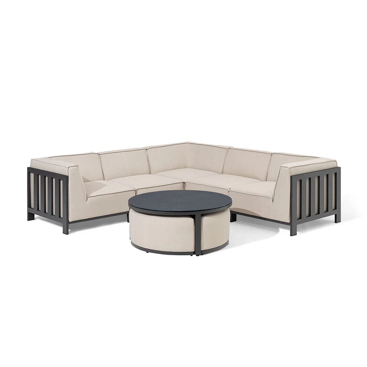 Maze - Outdoor Fabric Ibiza Small Corner Sofa Set with Round Coffee Table & 3 Footstools - Oatmeal - Blythe Living
