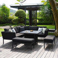 Maze - Outdoor Fabric Pulse Square Corner Dining Set with Fire Pit Table - Charcoal - Blythe Living