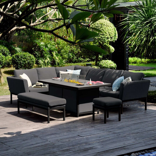 Maze - Outdoor Fabric Pulse Rectangular Corner Dining Set with Fire Pit Table - Charcoal - Blythe Living