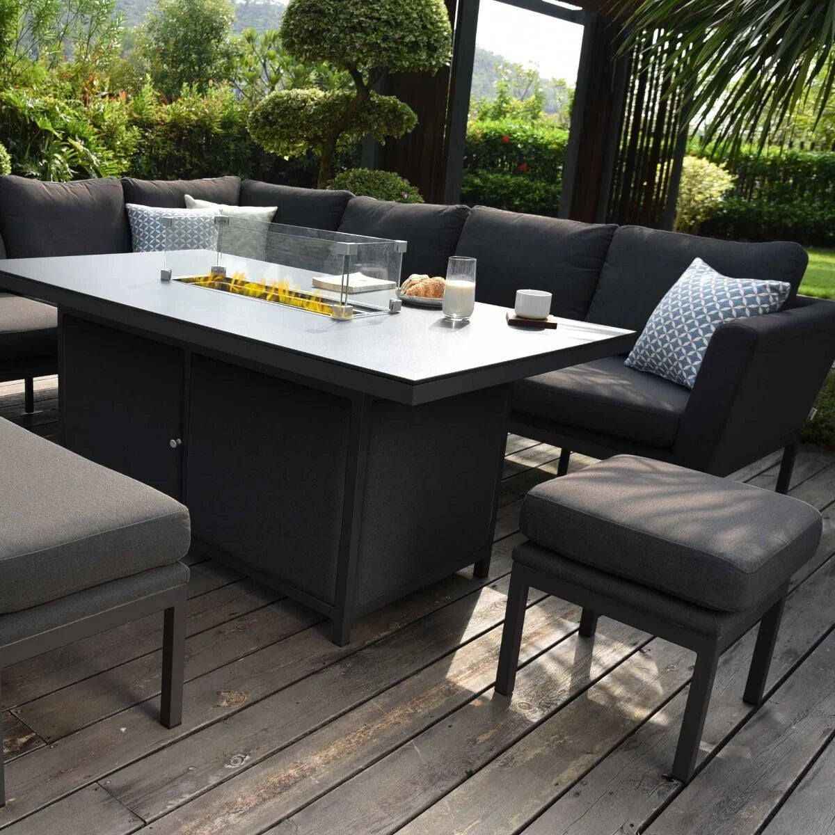 Maze - Outdoor Fabric Pulse Rectangular Corner Dining Set with Fire Pit Table - Charcoal - Blythe Living
