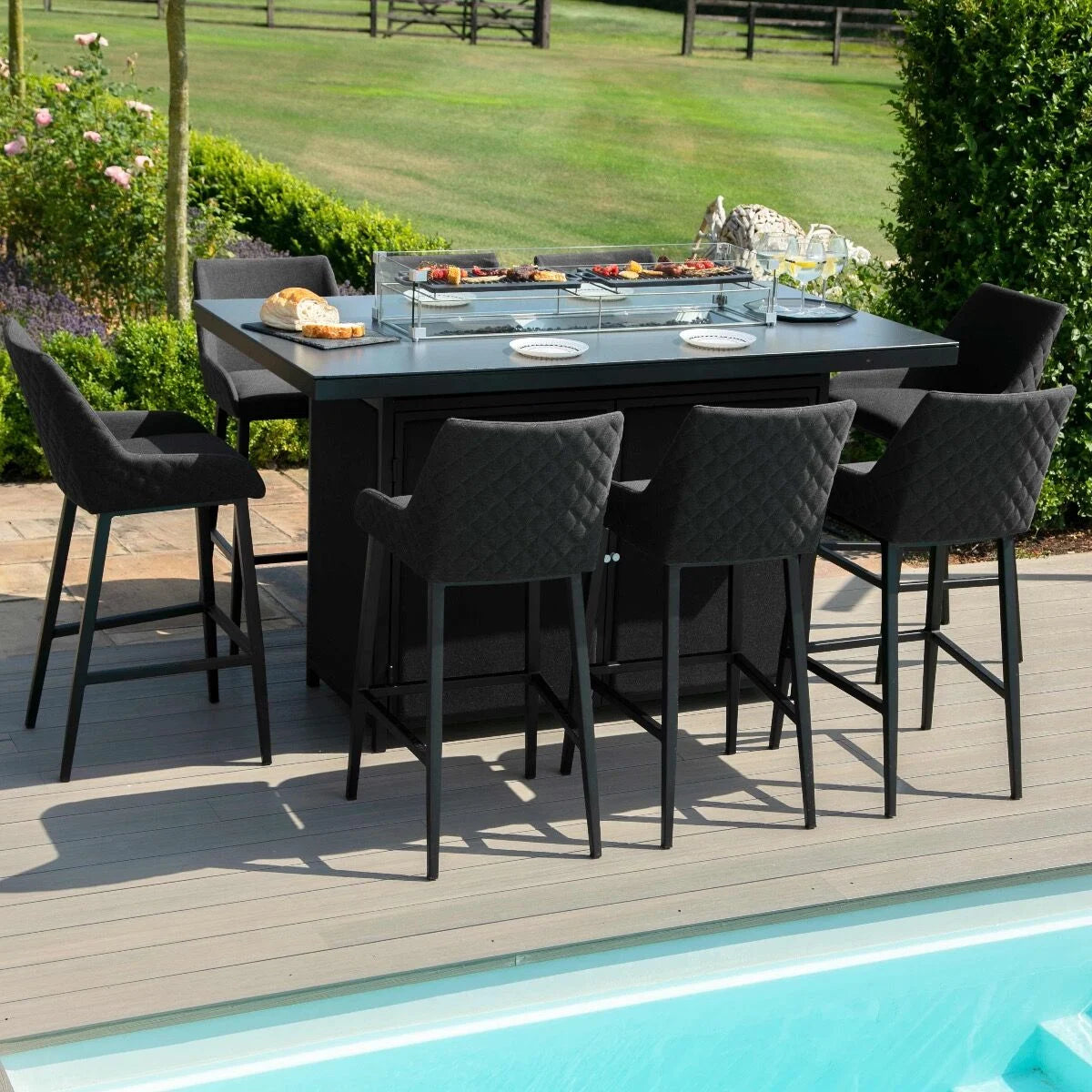 Maze - Outdoor Fabric Regal 8 Seat Rectangular Bar Set with Fire Pit Table - Charcoal - Blythe Living