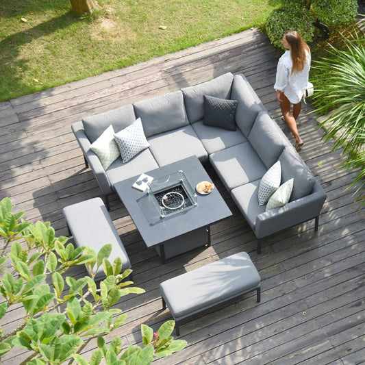 Maze - Outdoor Fabric Pulse Square Corner Dining Set with Fire Pit Table - Flanelle - Blythe Living