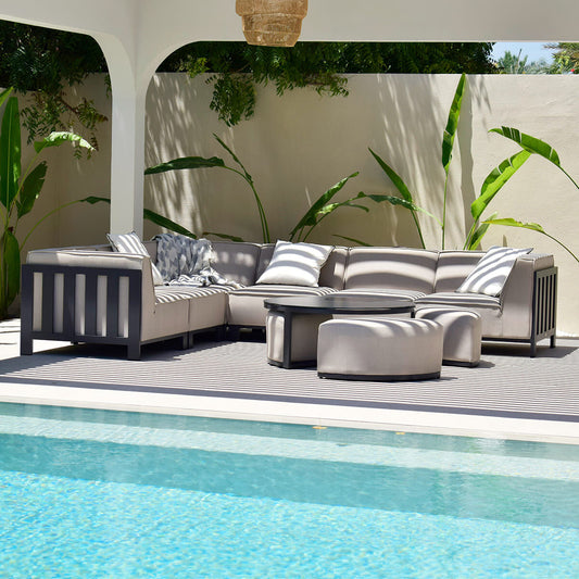 Maze - Outdoor Fabric Ibiza Medium Corner Sofa Set with Round Coffee Table & 3 Footstools - Oatmeal - Blythe Living