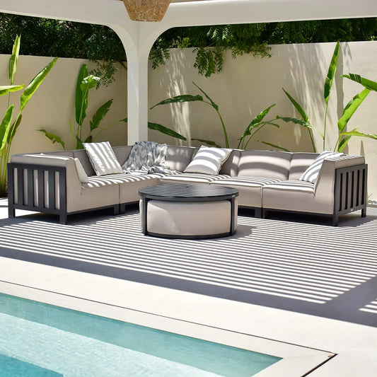 Maze - Outdoor Fabric Ibiza Medium Corner Sofa Set with Round Coffee Table & 3 Footstools - Oatmeal - Blythe Living