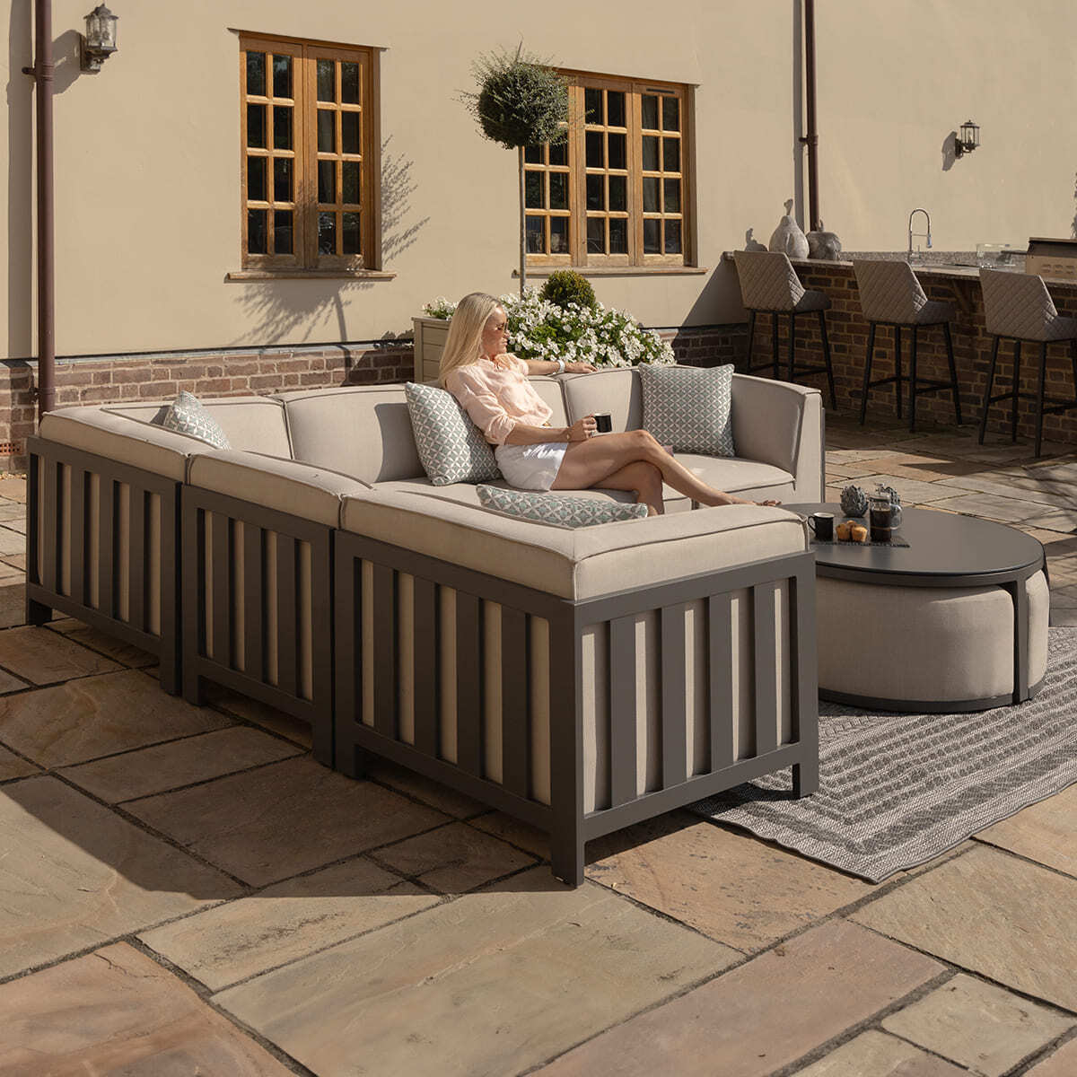 Maze - Outdoor Fabric Ibiza Medium Corner Sofa Set with Round Coffee Table & 3 Footstools - Oatmeal - Blythe Living