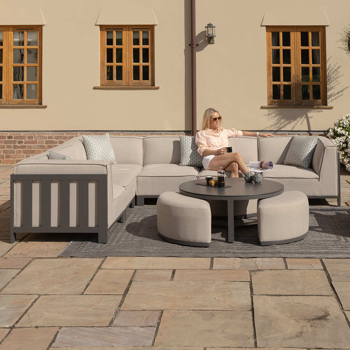 Maze - Outdoor Fabric Ibiza Medium Corner Sofa Set with Round Coffee Table & 3 Footstools - Oatmeal - Blythe Living