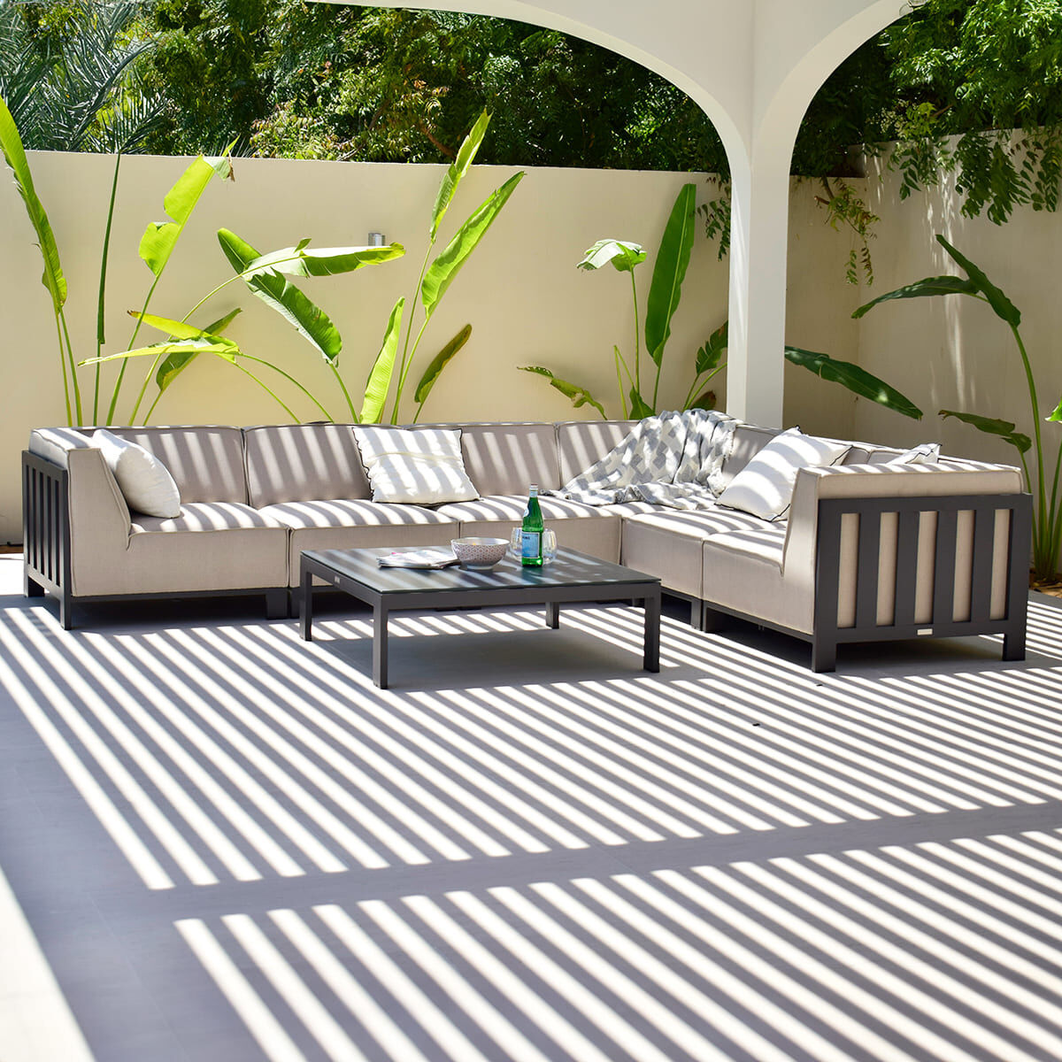 Maze - Outdoor Fabric Ibiza Medium Corner Sofa Set with Square Coffee Table - Oatmeal - Blythe Living