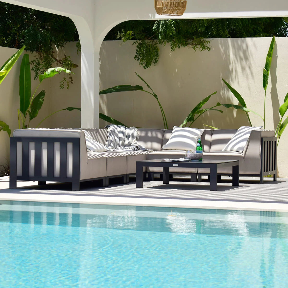 Maze - Outdoor Fabric Ibiza Medium Corner Sofa Set with Square Coffee Table - Oatmeal - Blythe Living