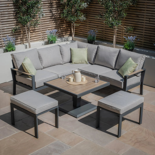 Maze - Vancouver Small Aluminium Corner Dining Set with Square Rising Table & 2 Stools - Dove Grey - Blythe Living